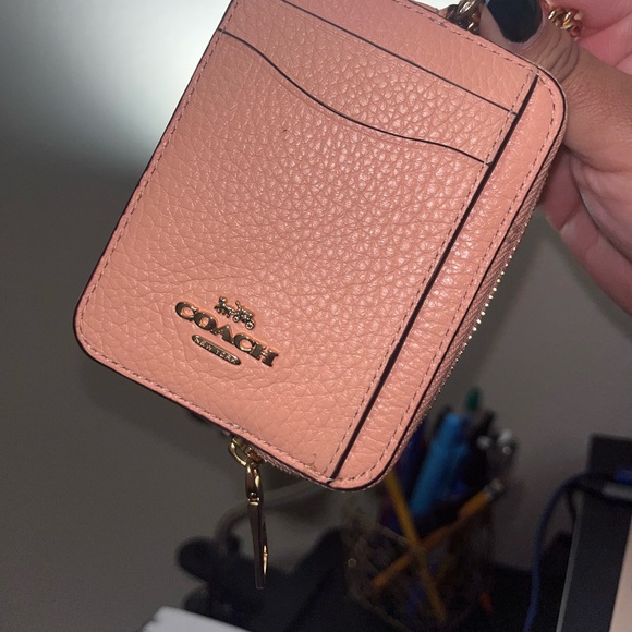 Coach Accessories Coach Zip Card Case With Chain Strap In Goldfaded Blush Pink Pebble